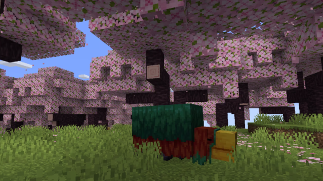 A Sniffer sitting underneath a cherry blossom tree in a cherry blossom grove biome.