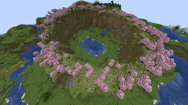A circular cherry blossom biome in Minecraft.