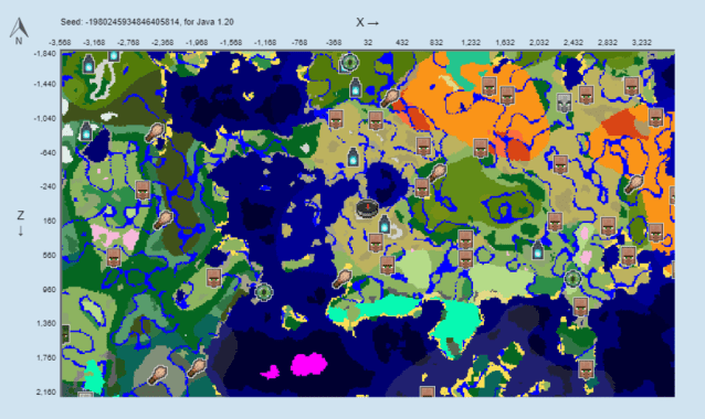 A map of the -1980245934846405814 seed in Minecraft.