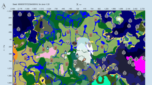 A map of the 6509357572236430916  seed in Minecraft.