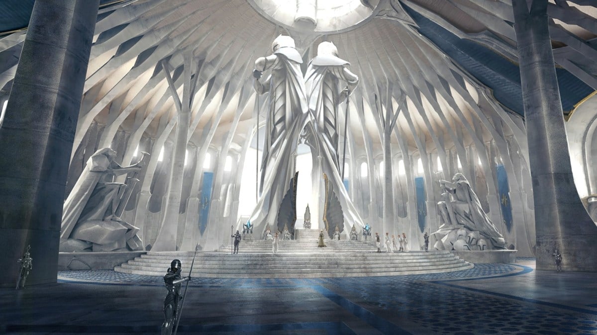 Two giant white statues stand in the middle of a room. Light shines through a skylight in the roof, with feather-like arches spanning from the skylight in a dome shape. Guards patrol the floor beneath the statues.