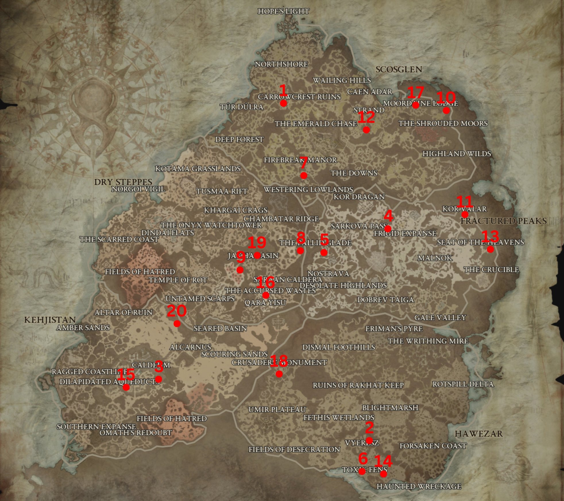 Red dots and numbers indicating Legendary Aspect dungeon locations in Diablo 4