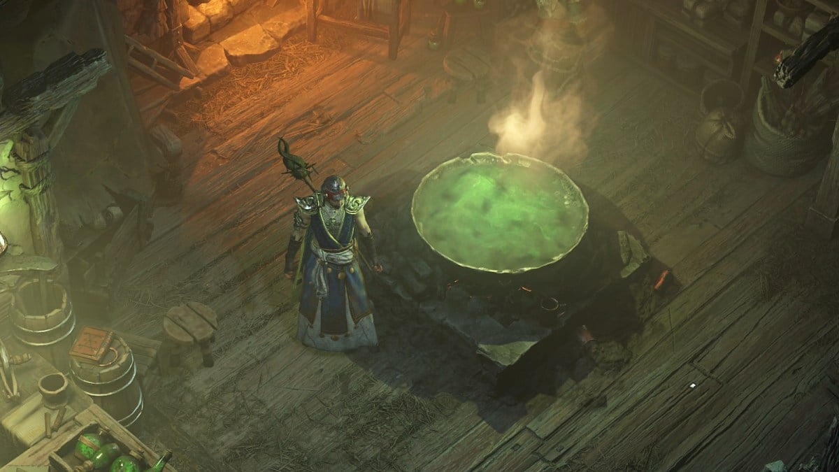 A character standing near a cauldron in Diablo 4.