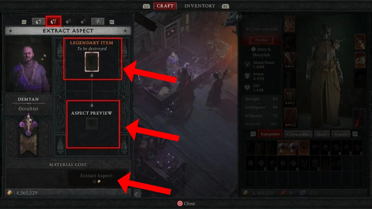 Red boxes and arrows indicating preview area, item area, and cost for extraction in Diablo 4.