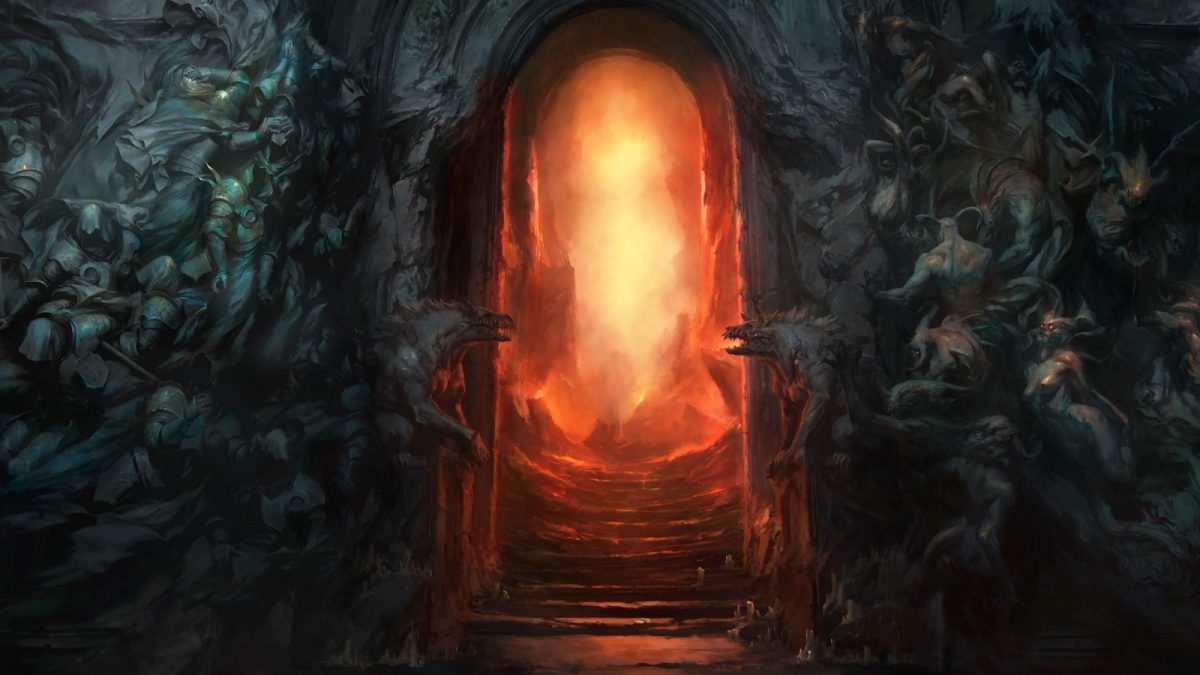 An ominous gate appears in Diablo 4 with bright red flames.