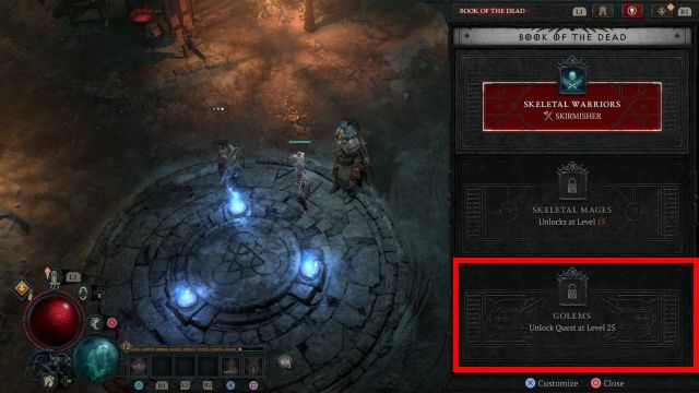 The Book of the Dead page with a locked golem in Diablo 4