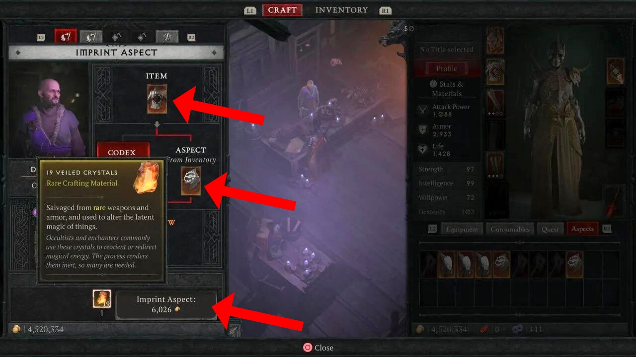 Red boxes and arrows indicating item, Aspect, and imprint cost in Diablo 4.