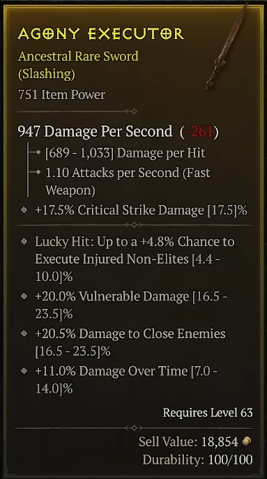 Image of Agony Executor weapon text in Diablo 4.