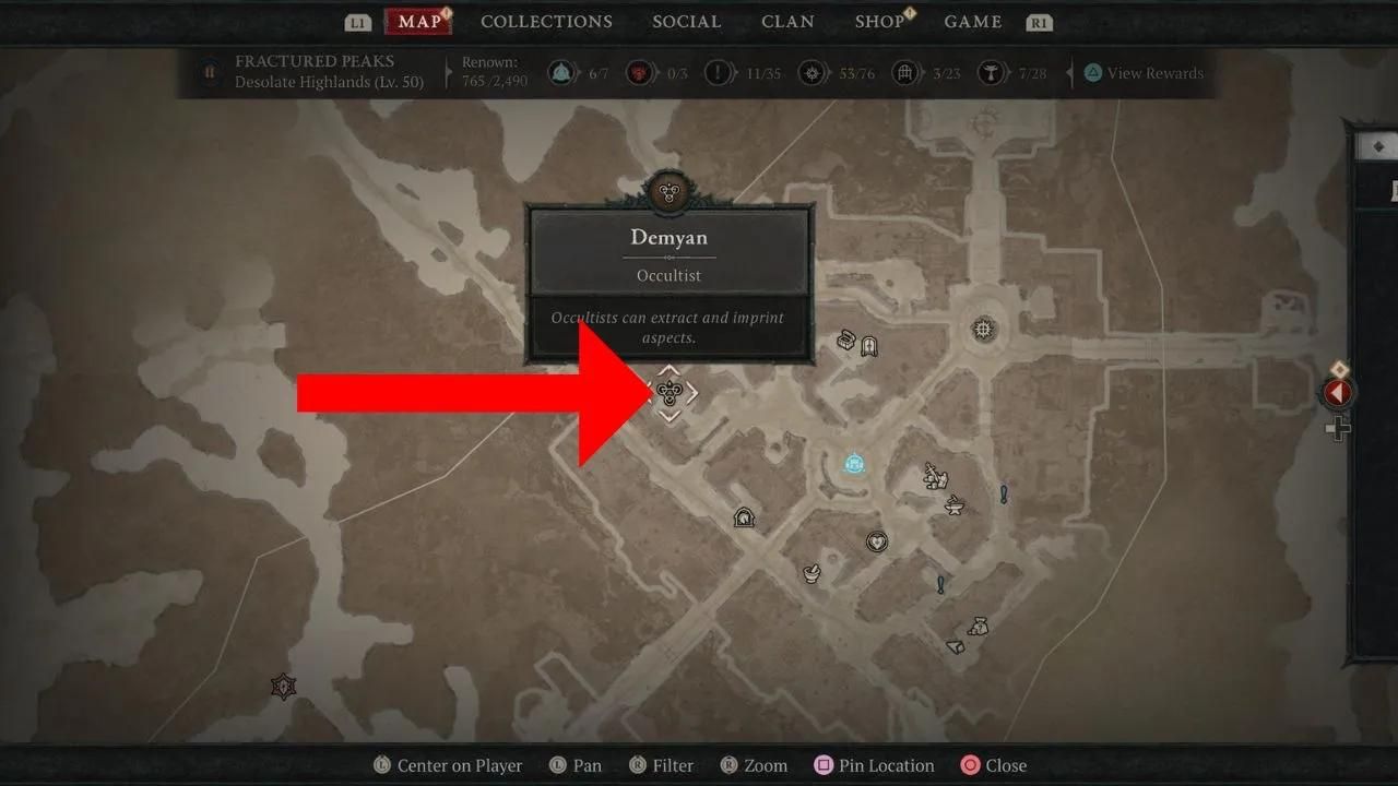 Red arrowing pointing to Occultist icon on map in Diablo 4