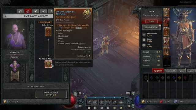 Image showing the extract option at Occultist shop in Diablo 4.