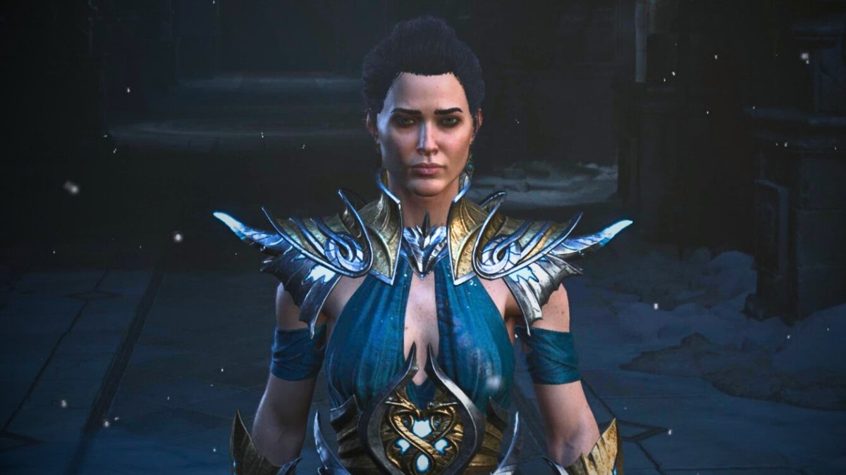 Sorcerer woman from Diablo 4 wearing blue armor surrounded by falling white snow.