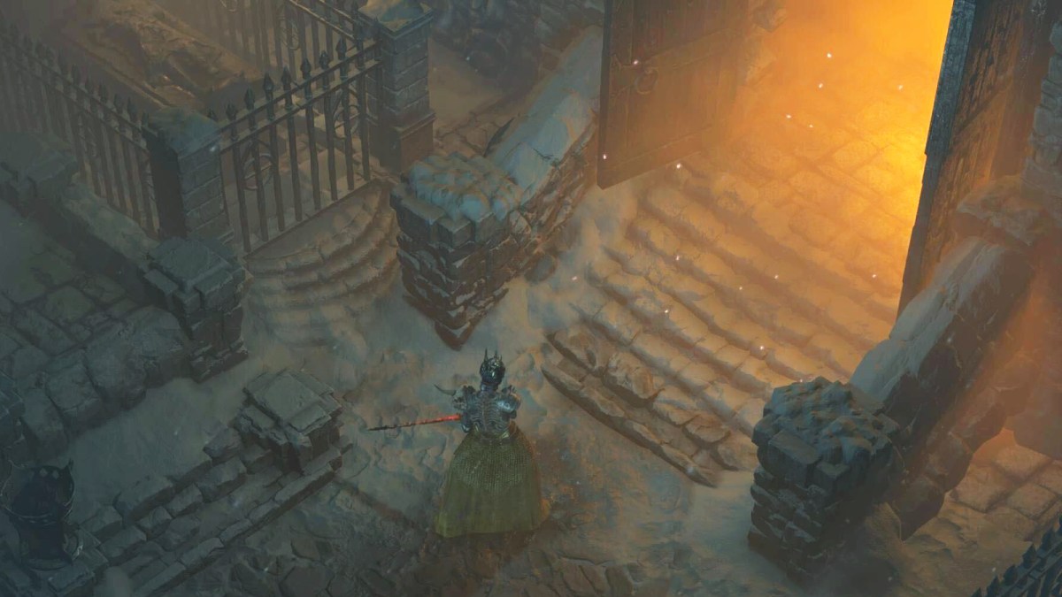 A character approaching the door to the Kor Valar Ramparts in Diablo 4.