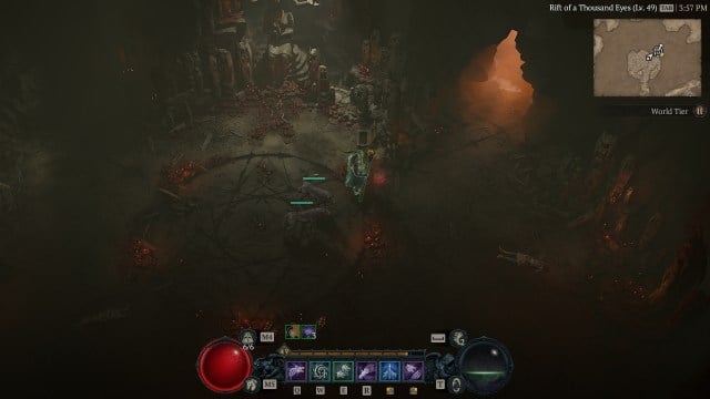 A screenshot of the entrance to the Dark Ravine dungeon in Diablo 4.