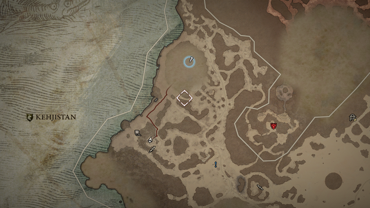 A screenshot of Diablo 4's map showing where to go for the Pilgrim's Footsteps quest.