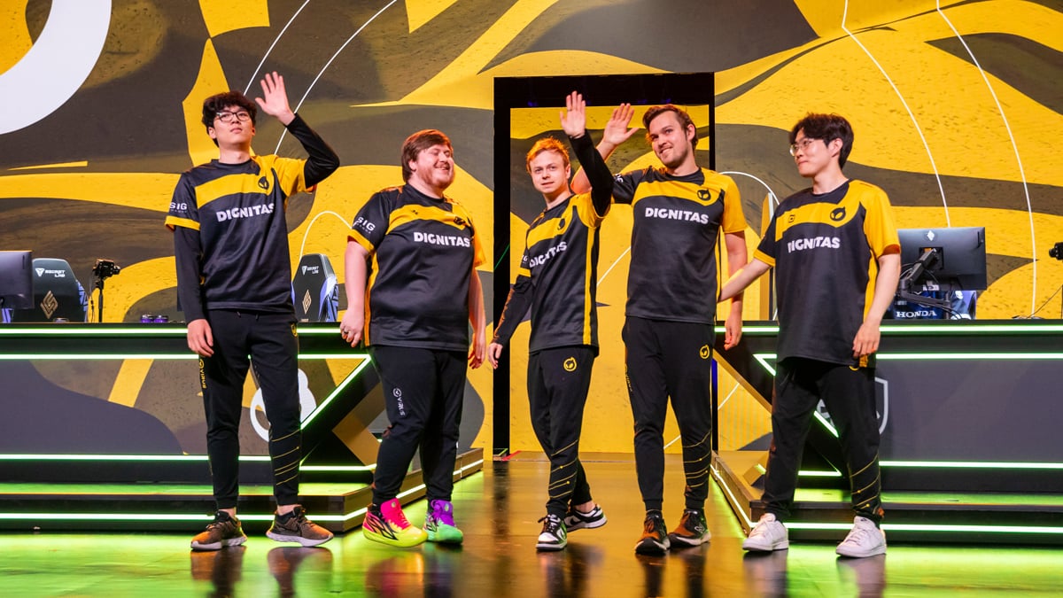 League of Legends team Dignitas celebrate on-stage at the LCS Summer Split 2023.