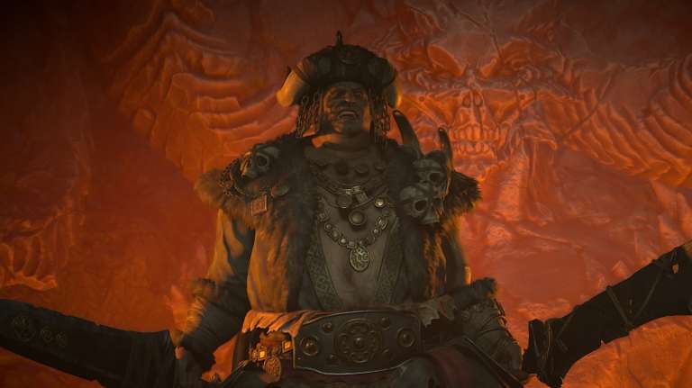 Brol, the Tyrant King stares you down while holding his swords in Diablo 4.