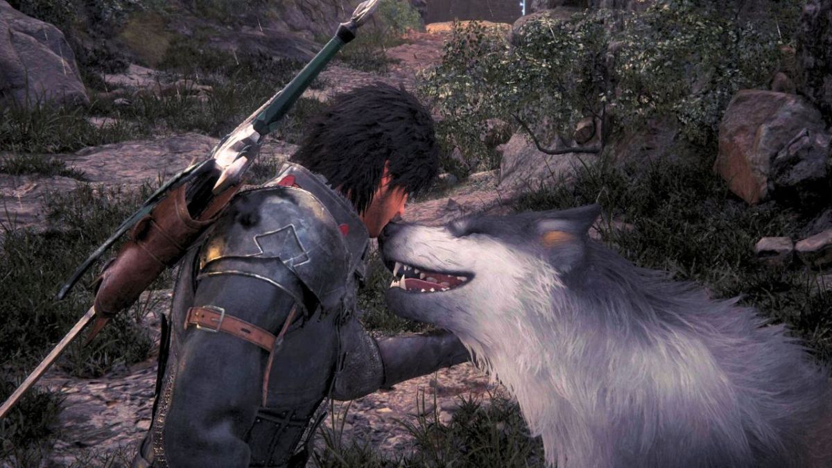 Gray and white dog smiling while being pet by man in armor in Final Fantasy 16