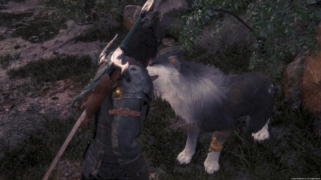 Dog smiling while man pats his head in Final Fantasy 16