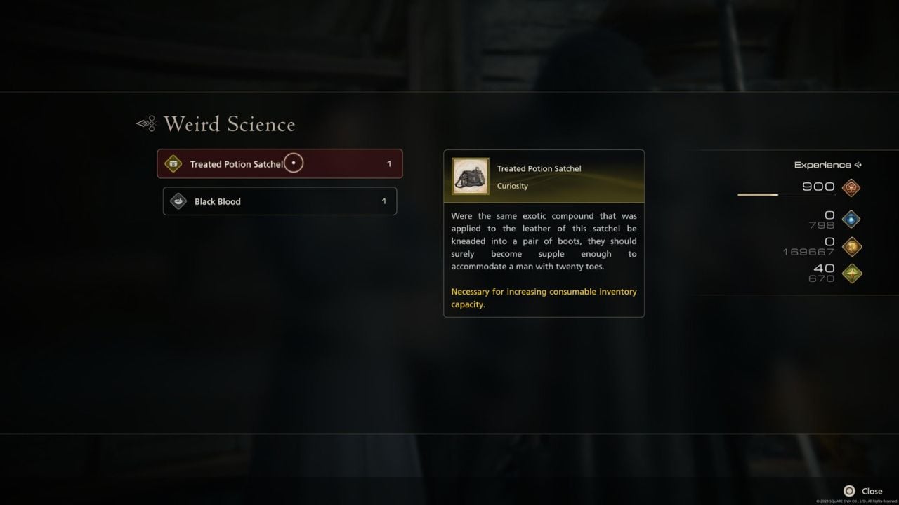 A card with the Weird Science quest rewards including the Treated Potion Satchel in Final Fantasy 16