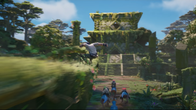 Fortnite character grinding on vines in front of the new Temple POI