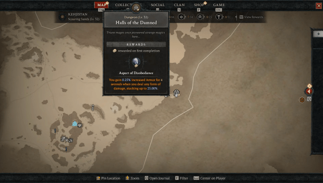 The Halls of the Damned location pinpointed on the Diablo 4 map.
