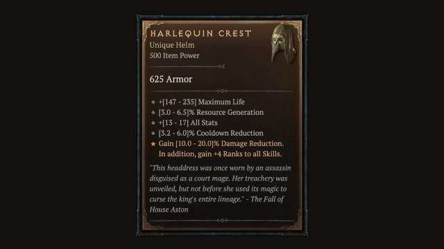 Item description of The Harlequin Crest in the Diablo 4 menus.