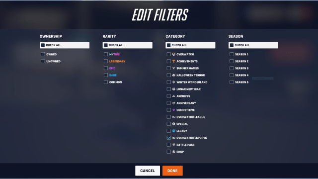 Filter menu for Overwatch 2 hero gallery.