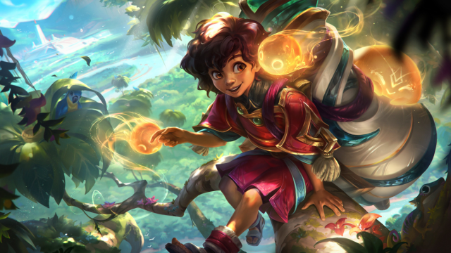 Milio sitting on a tree branch with a backpack of fuemigos in League of Legends.