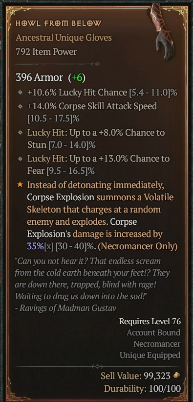 An item tooltip showing the Howl From Below gauntlets in Diablo 4.