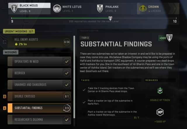 A main menu screen showing the mission details of the Substantial Findings faction mission in DMZ.