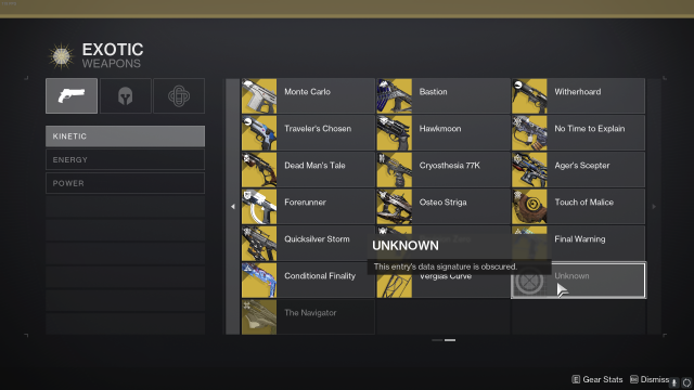 An image showing the collection for Kinetic Exotics, with one Exotic still left obscured.