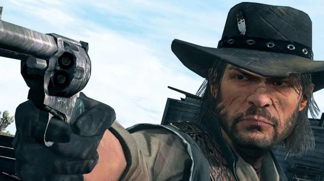 John Marston pointing a revolver - he's wearing his signature brown hat with a small white bird feather in it
