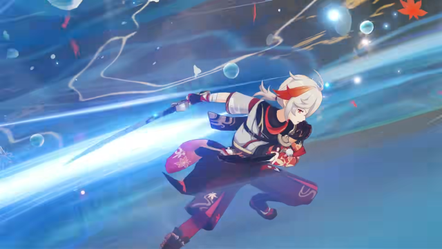 Kazuha fighting with his sword and Anemo rushing around him.