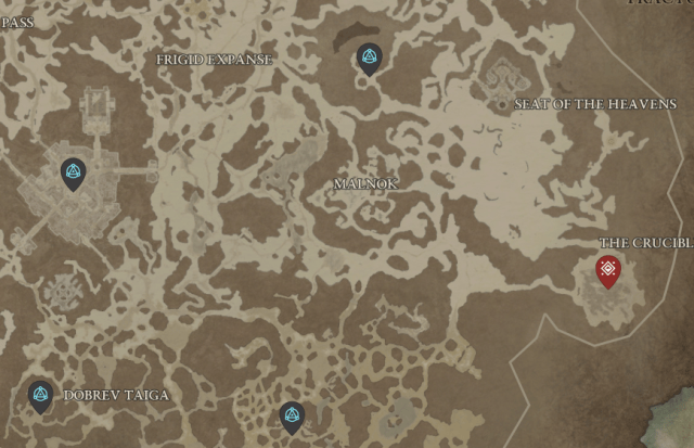 A map showing the spawn location of Wandering Death, Death Given Life in the eastern area of Fractured Peaks.