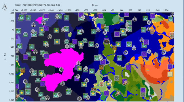 A map of the -7291835737515029772 seed in Minecraft.