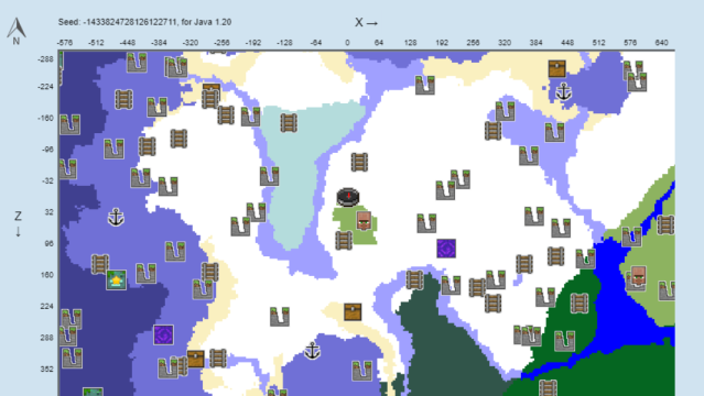 A map of a seed with an icy and snowy spawn area.