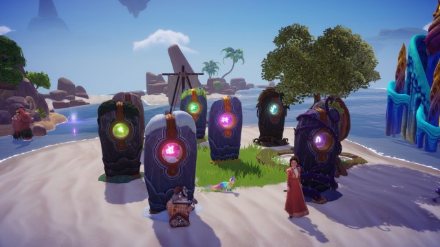 The player standing by the completed pillar puzzle.