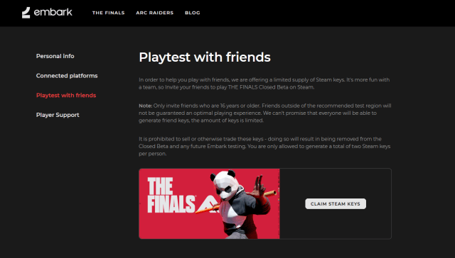 A screenshot of the Embark website with information about playtesting with friends.