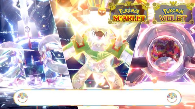 Iron Treads, Chesnaght, and Great Tusk powering up in a Pokemon Scarlet and Violet Tera Raid.