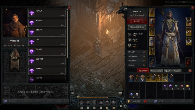 A character dealing with the Purveyor of Curiosities in Diablo 4.