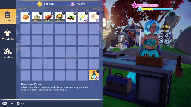 The players inventory with the Rainbow Potion selected.