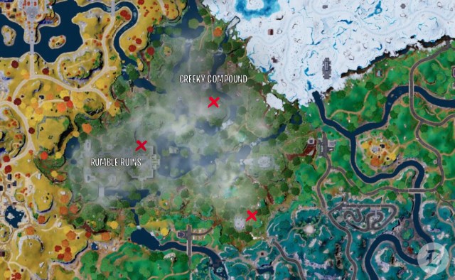 A map showing the three locations of raptor eggs. One south of Creeky Compound, one north of Rumble Ruins, and one in the southeast corner of the jungle.