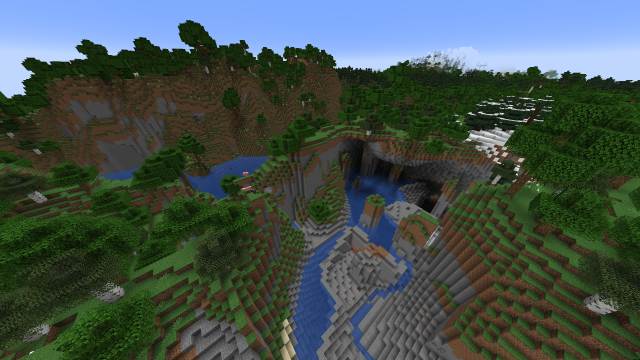 A water and cave system around a forest in Minecraft.