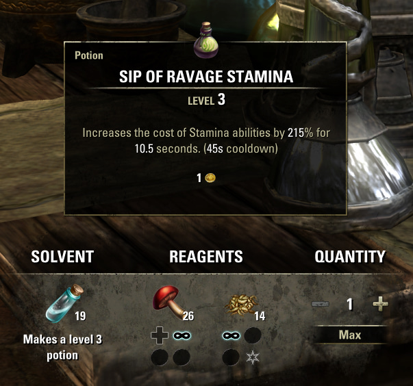 A screenshot from The Elder Scrolls Online showing readers how they can make a Sip of Ravage Stamina at an Alchemy Table.