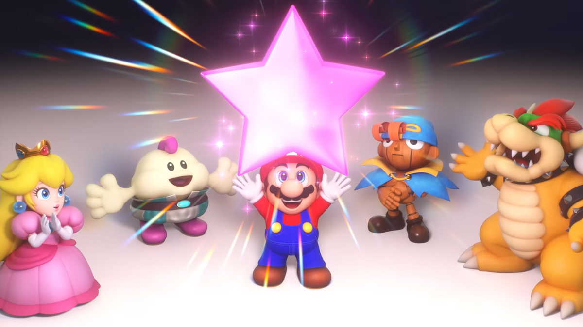 Super Mario RPG image showing Mario, Peach, and Bowser, as well as a large, pink star.