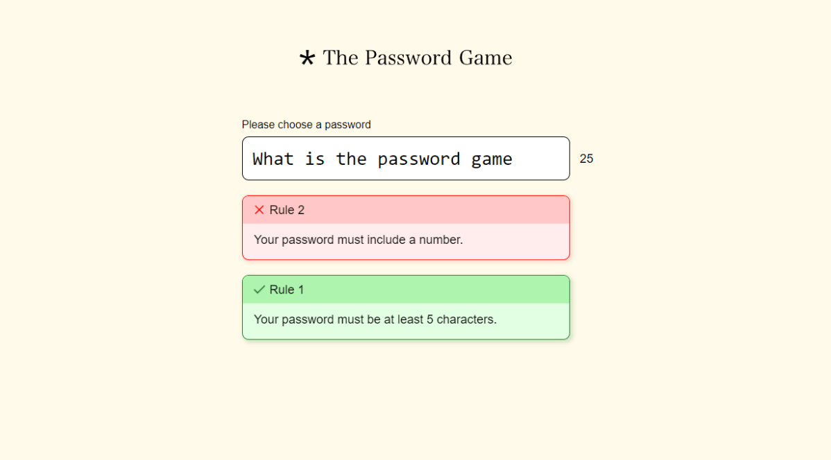 The homescreen of The Password Game with a preliminary guess entered.
