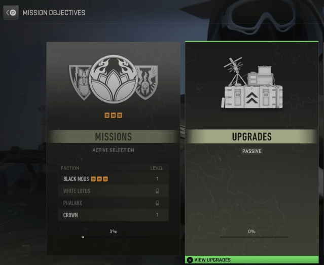 Image of the Upgrades menu in Warzone 2 DMZ