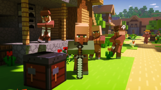 Villagers standing around in a Minecraft village.