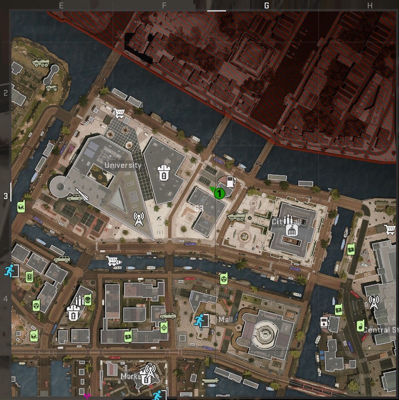 A screenshot of a map of Vondel, with a dead drop location marked by a green dot.