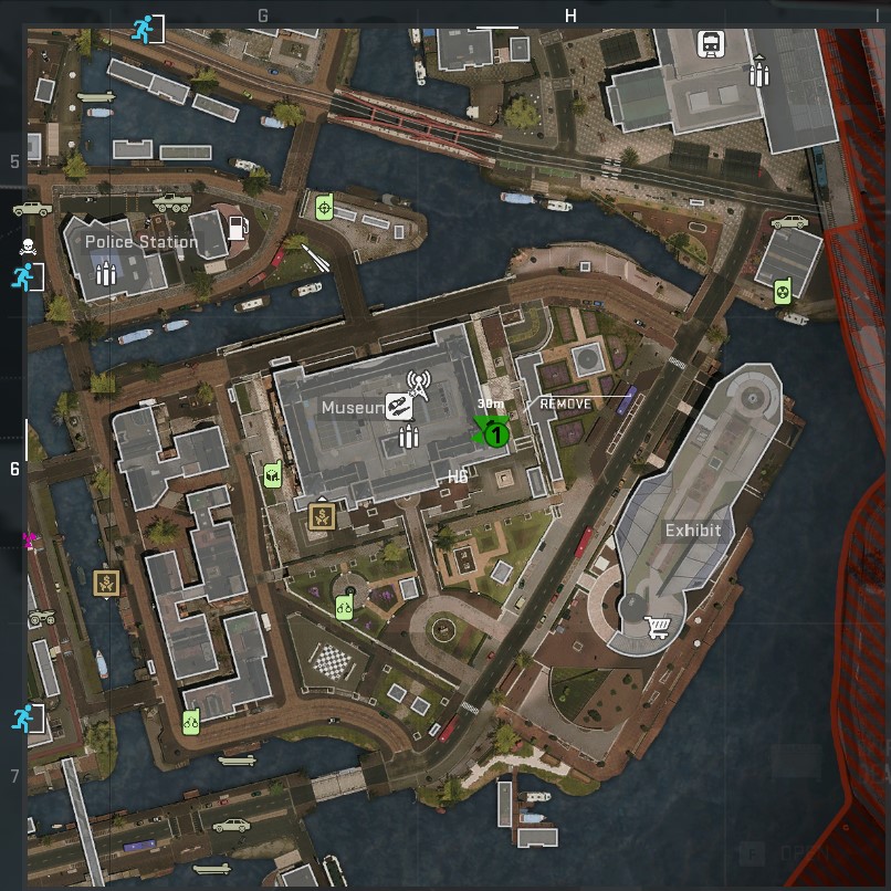 A screenshot of a map of Vondel, with a dead drop location marked by a green dot.
